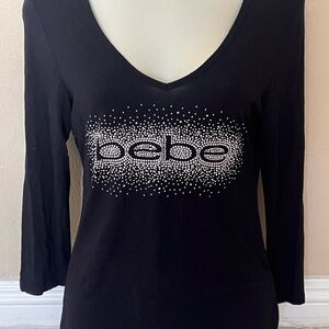 bebe Black Long Sleeve V-Neck Top with Crystal Logo